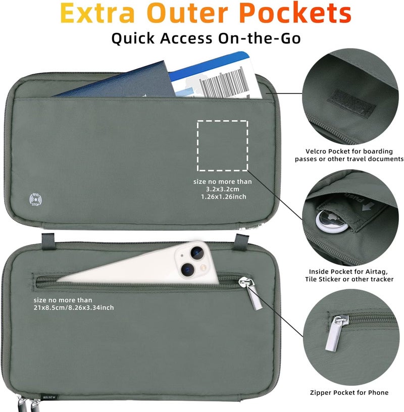 WALNEW RFID Family Passport Holder Wallet with Tracker/AirTag Holder, Travel Document Organizer Zipper Pouch with Wristlet and Cross Body Straps for Women Men - Image 5